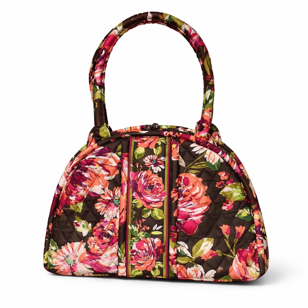 VERA BRADLEY Large Bowler Kisslock Satchel Mod Floral Pink Brown-Retired Pattern - Picture 3 of 14